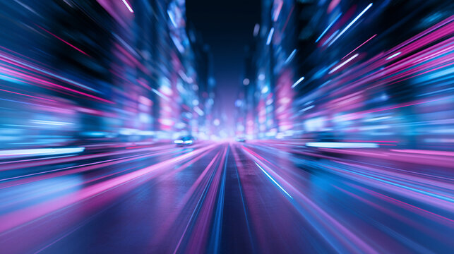 Fast motion light trails moving through a modern city street at night creating a high speed abstract neon urban aesthetic with vivid glowing effects