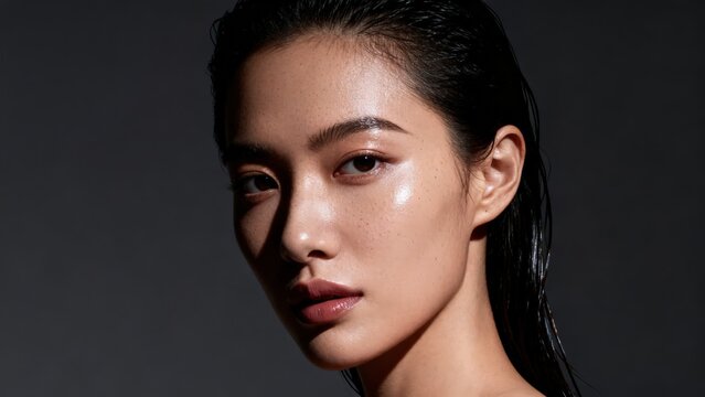Asian female model displaying glowing moist skin closeup studio portrait dramatic dark background beauty care commercial image