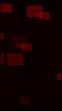 Dark red abstract background displays glowing envelope email symbols Cyber threat alert messages illuminate across the abstract background Digital spam warning graphics overlay the abstract background