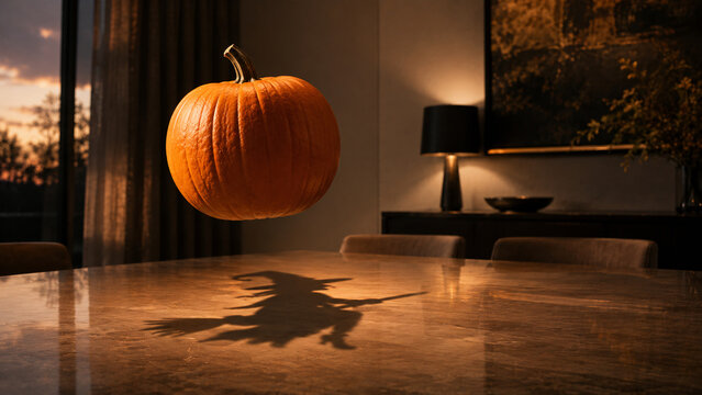  Floating orange pumpkin casting the mysterious shadow of a witch across a dining table at dusk.