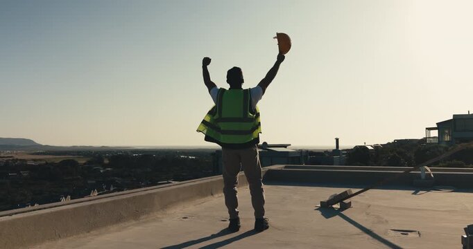 Back, man and celebration on rooftop for construction, structural deck goal and inspection pass. Helmet, project manager and fist pump for roof slab completion, phase milestone and concrete approval