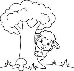 Fototapeta premium Cute cartoon sheep peeking from behind a tree with a mushroom, coloring page for kids