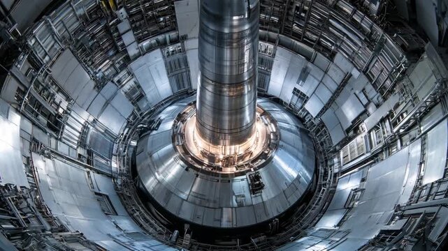 Inside a nuclear fusion reactor, a large central column emits light while surrounded by complex machinery and metallic structures