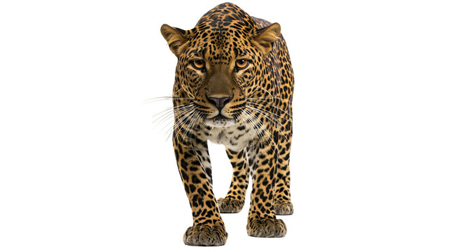 Full body portrait of a majestic leopard walking forward with intense gaze