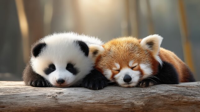 Adorable baby giant panda and red panda cub sleeping together on a wooden log