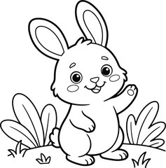 Fototapeta premium Cute cartoon bunny waving hello in the grass