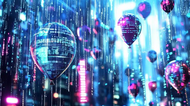 Holographic balloons rise above a city filled with digital screens and bright lights during nighttime