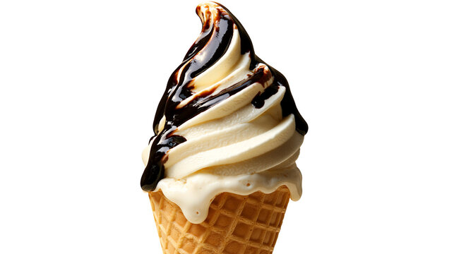 Vanilla soft serve ice cream cone with thick dark chocolate syrup drizzle