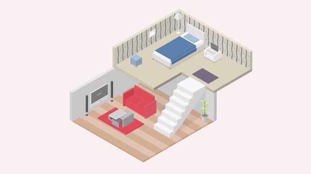 Isometric animation of a modern duplex house interior layout.