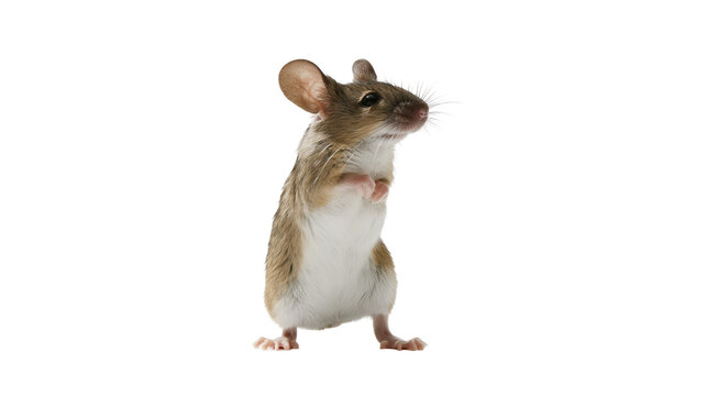 Small brown and white field mouse standing on hind legs