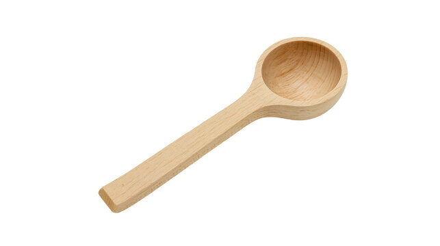 Small light brown wooden measuring spoon with a round bowl and flat handle