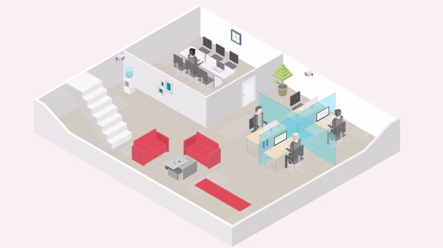Isometric animation of a modern open plan office workspace with employees.