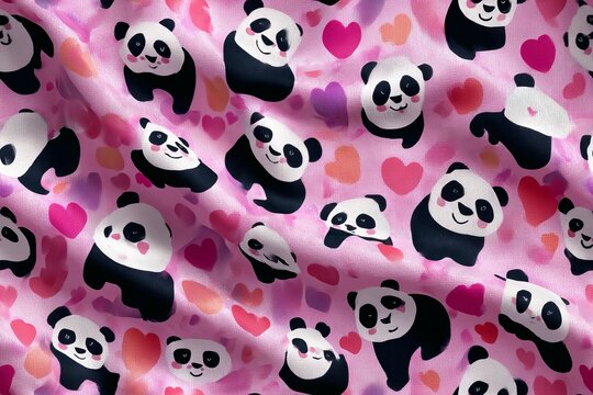 Cute panda pattern fabric with hearts in a pink background creating a whimsical and fun design perfect for textiles and crafting projects. Generative AI