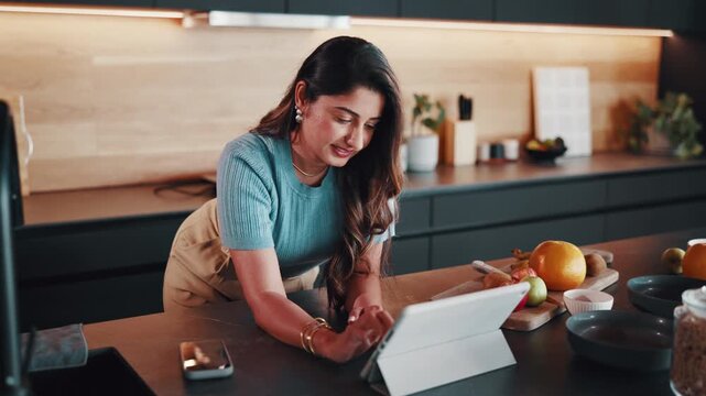 Woman, tablet and scroll n home for remote work, research notes or article with editing in kitchen. Person, technology and smile with website, funny feedback or email for proofreading and WFH