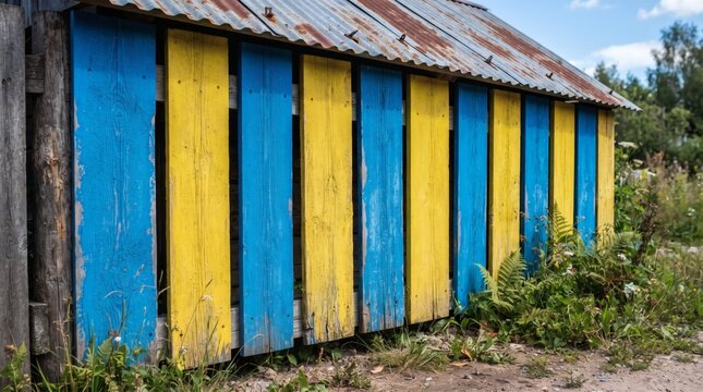Rustic corrugated metal shed painted with bright blue and yellow vertical stripes.