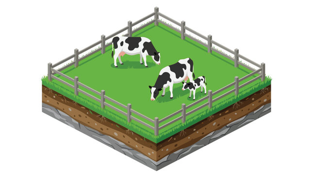 Black and white Holstein cows graze in a green isometric pasture enclosed by wooden fencing
