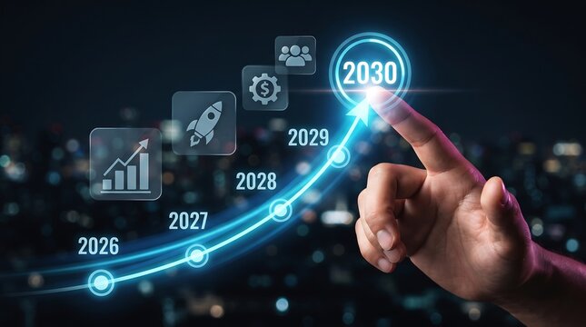 Hand touching glowing chart graph and icons representing business growth and future vision towards year 2030 in futuristic city lights background.