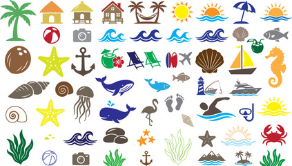 Fototapeta premium Summer Beach Vacation Vector Icons Set with Marine Life, Palm Trees, Sea Waves, and Tropical Elements
