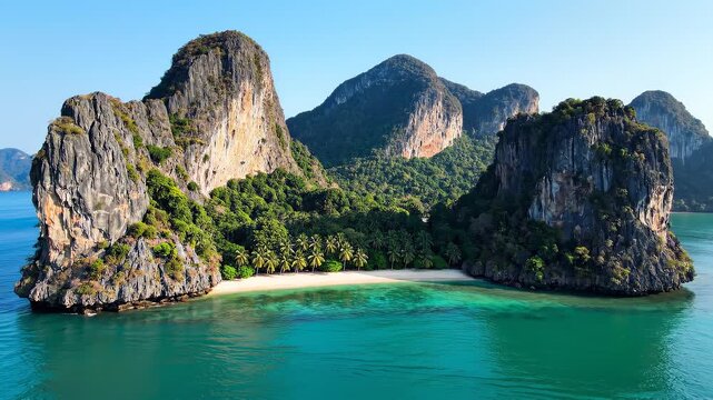 Longtail boat sailing in turquoise water towards limestone karsts during golden hour cinematic motion