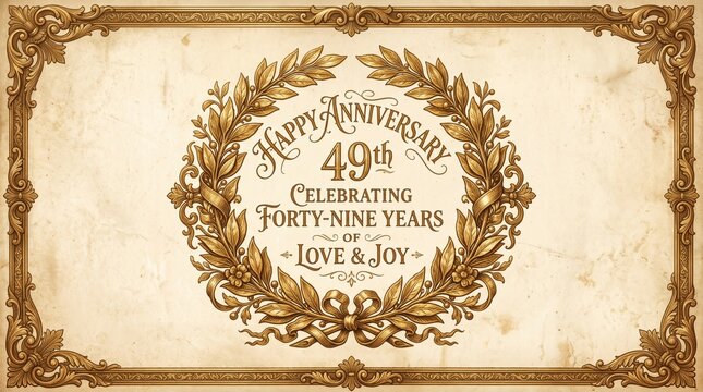 Vintage 49th anniversary card with golden laurel wreath, elegant forty-nine years celebration on aged parchment, ornate gold frame