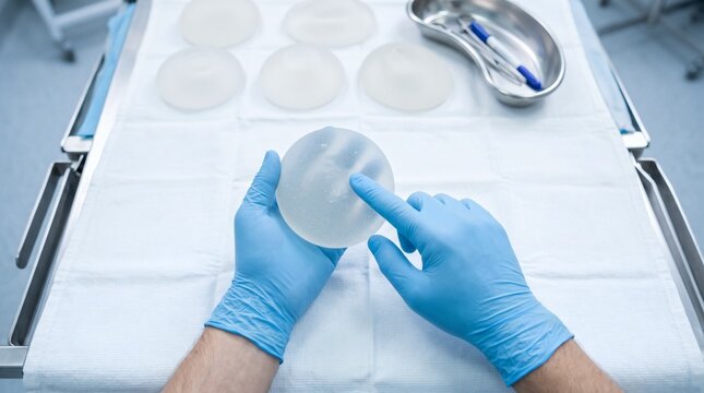 Surgeon holding breast implant during cosmetic surgery preparation.