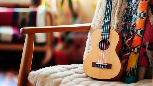 A ukulele rests on a chair surrounded by soft fabrics in a comfortable indoor space with warm lighting
