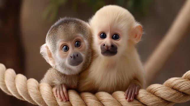 Two adorable baby squirrel monkeys sitting on a rope