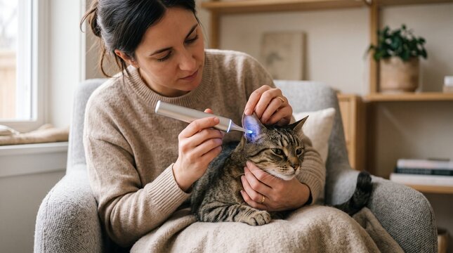 A young woman uses a specialized digital ear-check device with a blue light to examine the ear of her tabby cat while sitting in a cozy armchair.