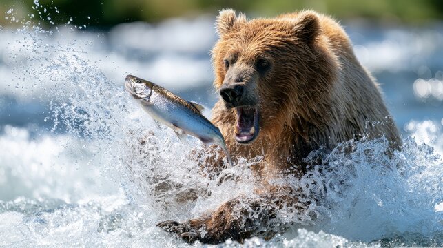 Grizzly bear catching salmon in a river, splashing water around, with a blurred natural background of trees and sunlight filtering through