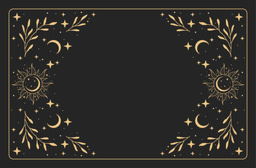 Fototapeta na wymiar Mystic celestial horizontal frame template with sun and moon. Esoteric witchy vector background banner for website header, invitation or packaging.