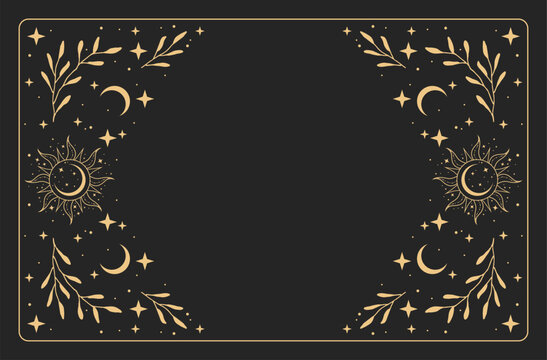 Mystic celestial horizontal frame template with sun and moon. Esoteric witchy vector background banner for website header, invitation or packaging.
