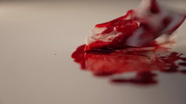Extreme close up side view of green medical tweezers scrubbing blood stain with gauze on right side, left copy space, professional clinical tone for wound treatment training