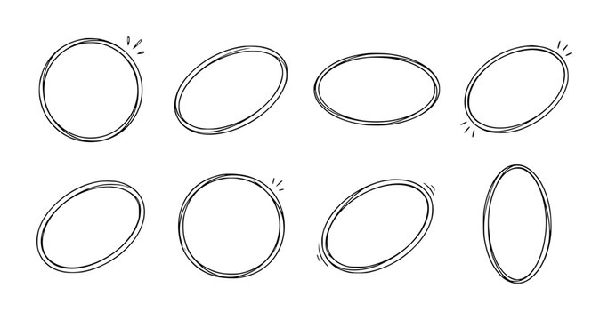 A collection of hand-drawn doodle circles and ovals with motion lines isolated on a plain white background