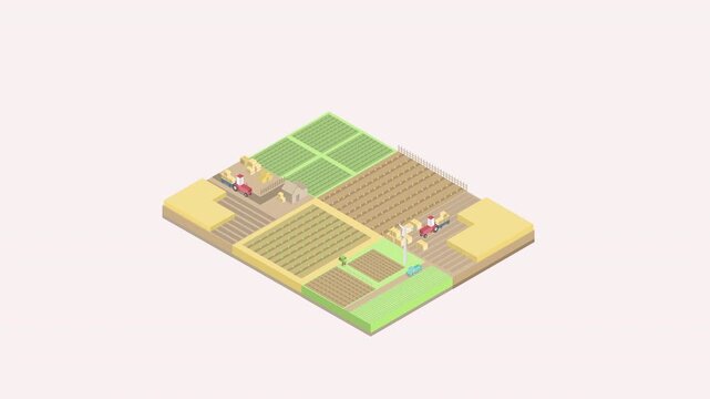 Isometric farm animation with rotating field plots and growing crops.