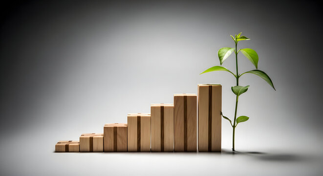 A conceptual image showing wooden blocks arranged in a rising staircase graph with a small green plant growing beside them for happy new year 2027