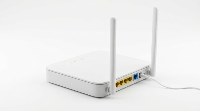 White wireless Wi-Fi router with two external dual-band antennas and power cable plugged in, showing yellow Ethernet LAN and blue WAN ports on a clean white background.