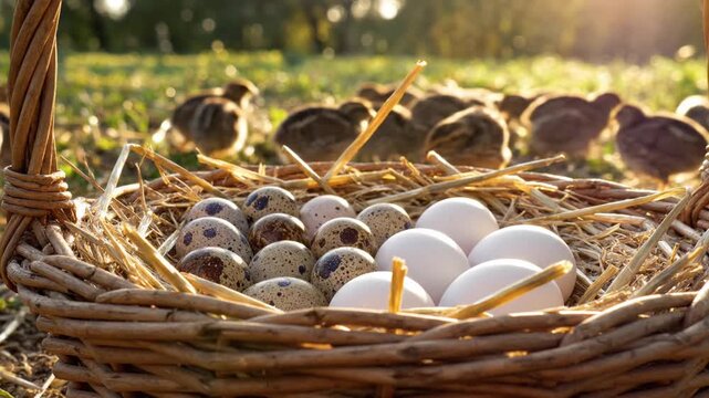 Baby Quail and Eggs in Nest at Sunrise