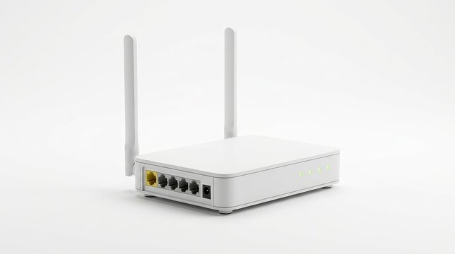 White wireless Wi-Fi router with dual antennas, Ethernet LAN ports, and green LED indicator lights, isolated on a clean white background for home or office network connection