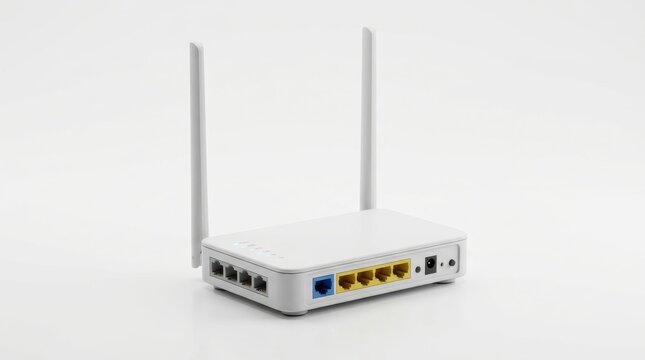 White wireless Wi-Fi router with two vertical antennas, yellow and blue ethernet LAN ports, and active LED lights, shot in a studio on a seamless bright background.