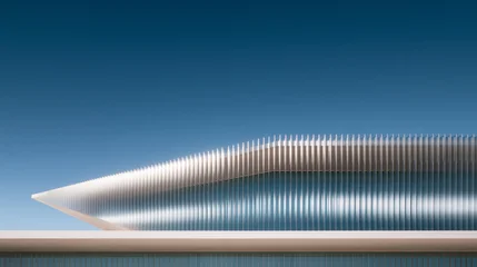 modern minimalist futuristic architecture with blue summer sky, contemporary architectural detail against clear blue sky, sleek geometric building facade in bright sunny daylight © CROCOTHERY