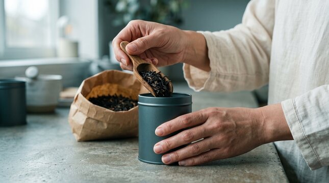 Person scooping loose leaf tea into a tin container at kitchen counter