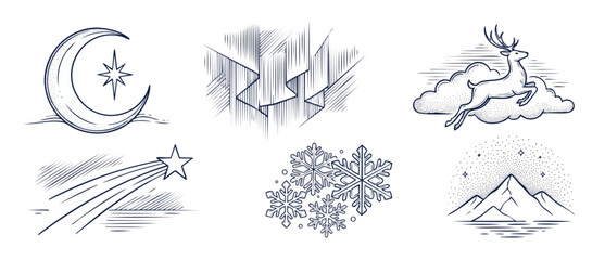 Fototapeta premium Winter line art vector set featuring crescent moon, aurora borealis, leaping reindeer, shooting star, snowflakes, and mountain landscape for holiday Christmas design and celestial winter decorations.