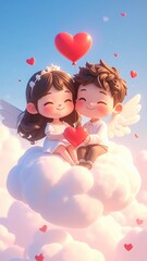 Naklejka premium Cute Valentine Couple Sticker, Adorable Couple on Cloud with Heart Balloons