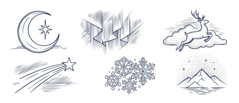 Winter line art vector set featuring crescent moon, aurora borealis, leaping reindeer, shooting star, snowflakes, and mountain landscape for holiday Christmas design and celestial winter decorations.