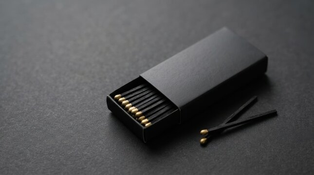 Elegant black matchbox mockup partially opened with black wooden matches featuring metallic gold tips, set against a dark textured background in a minimalist still life.