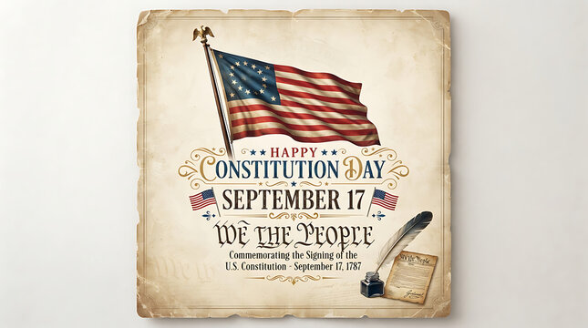 "HAPPY CONSTITUTION DAY / SEPTEMBER 17" lettering flanked by small flags, with large script "WE THE PEOPLE," a quill on aged paper, and text commemorating the signing on September 17, 1787.