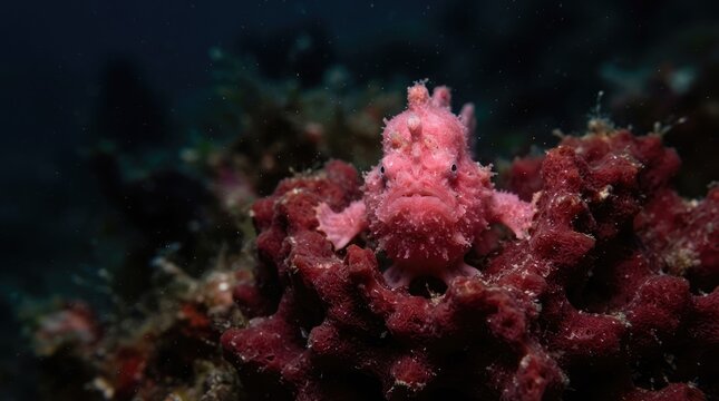 Pink frogfish camouflaged on a red coral sponge in the deep dark ocean, close-up macro photography of exotic marine life under the sea