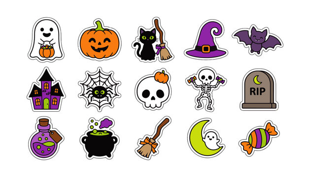 Halloween Sticker Bundle Design with Spooky Icons, Including Ghosts, Pumpkins, Bats, and Witch Hats