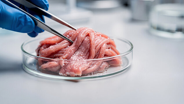 Lab grown meat in petri dish with bioreactor