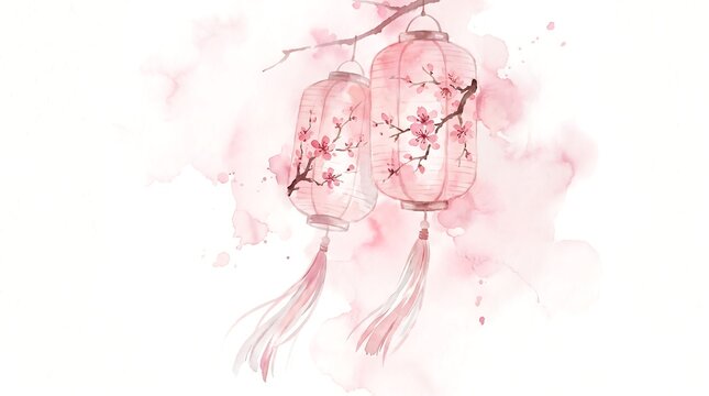 Watercolor illustration of two pink cherry blossom lanterns hanging on a branch
